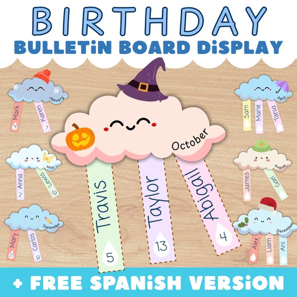 Cuadro de cumpleaños arcoíris para decoración de aula: tablero de anuncios imprimible (PDF digital + versión en español)