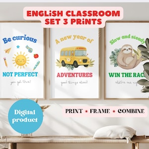 English Classroom Posters Set of 3 ESL Wall Decor for Kids and Teens Printable PDF School for English Learners Vocabulary for teachers