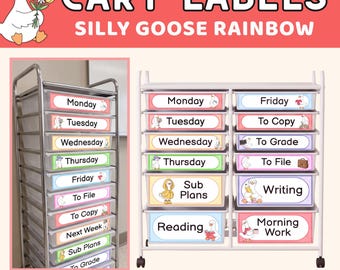 Etiketten für Rollwagen | Silly Goose Regenbogen Pastell | 2 Größen Lehrerwagen + bearbeitbar