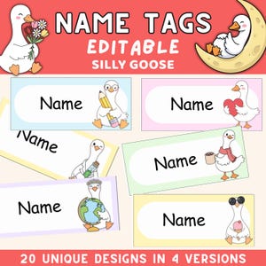 Può includere: Una collezione di etichette con nome modificabili con illustrazioni di oche dei cartoni animati. Le etichette hanno sfondi pastello e la parola "Name" in grassetto. L'immagine include il testo "NAME TAGS EDITABLE SILLY GOOSE" e "20 UNIQUE DESIGNS IN 4 VERSIONS."