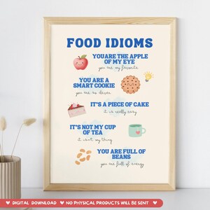 Poster for the English Classroom to learn Food idioms Decoration ESL Vocabulary PDF Educational Print Download EFL Learners School Wall Art Decor for Teachers and English students