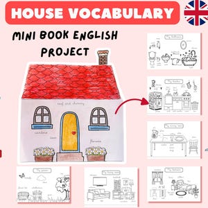 May include: An educational poster titled "HOUSE VOCABULARY" with a drawing of a house and interior room diagrams. The poster includes the text "MINI BOOK ENGLISH PROJECT" and a Union Jack icon. Additional items include pencils, scissors, and glue. Measurements are in cm.