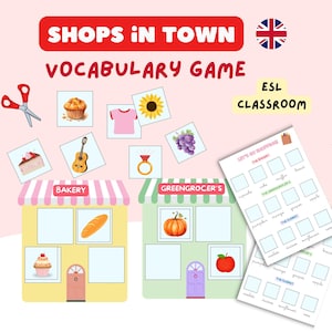 May include: An educational vocabulary game titled "Shops in Town" for ESL classrooms. The image features illustrations of items from a bakery and greengrocer's, along with worksheets and a pencil. The Union Jack flag is in the upper right corner.