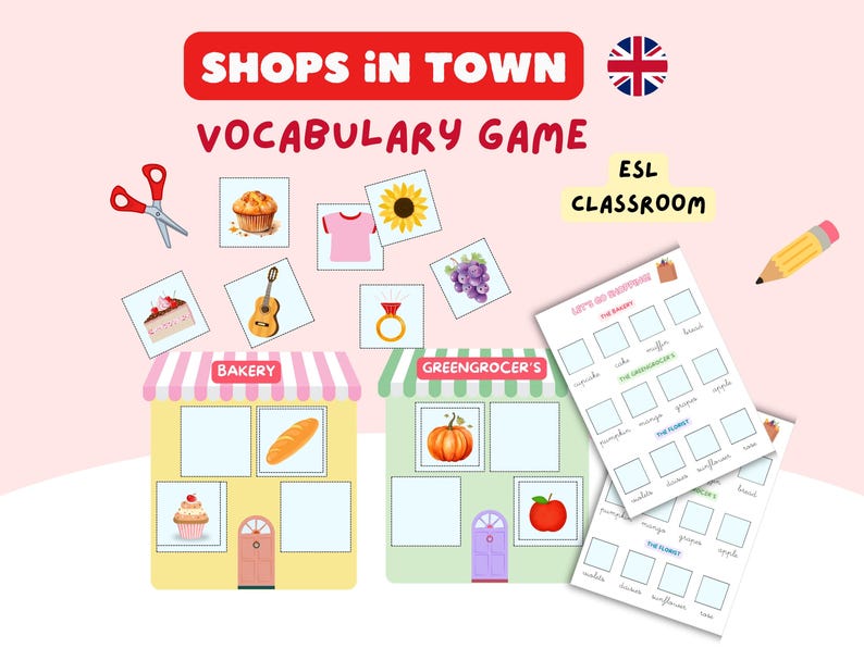 May include: An educational vocabulary game titled "Shops in Town" for ESL classrooms. The image features illustrations of items from a bakery and greengrocer's, along with worksheets and a pencil. The Union Jack flag is in the upper right corner.