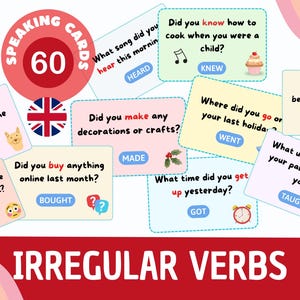Op de afbeelding: Een set van 60 spreekkaarten met onregelmatige werkwoorden. De kaarten zijn in verschillende pastelkleuren en bevatten vragen als "Wist je hoe je als kind kookte?" en "Heb je vorige maand iets online gekocht?" De tekst "IRREGULAR VERBS" wordt in het rood weergegeven.