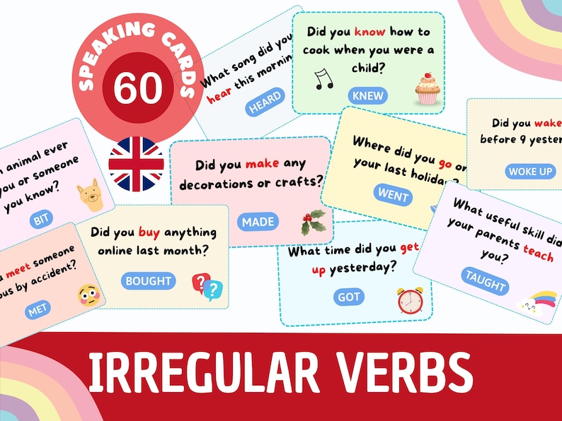 Boost ESL speaking skills with these 60 Past Simple question cards! Focused on irregular verbs, they’re perfect for A2–B1 students in the English classroom. Organized by theme, these printable speaking prompts are ideal for ESL lessons, conversation practice, grammar games, or revision. Great low-prep resource for ESL teachers, EFL classrooms, language schools, and English academies.