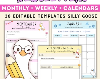編集可能な教師向けニュースレターとカレンダーテンプレート、Silly Goose Pastel Design スクール、保育園、幼稚園向け - 月間、週間、カレンダー