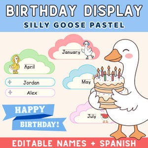 May include: A digital birthday display set featuring the text BIRTHDAY DISPLAY SILLY GOOSE PASTEL, HAPPY BIRTHDAY, and EDITABLE NAMES + SPANISH. Includes pastel cloud-shaped month labels, a large white goose holding a cake, and small goose illustrations.