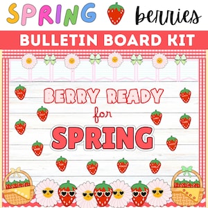 Op de afbeelding: Een kleurrijke prikbordkit met de woorden "SPRING berries" bovenaan. De kit bevat aardbei- en madeliefjesuitsparingen en de tekst "BERRY READY for SPRING". Het ontwerp heeft een rood-wit geruite rand.