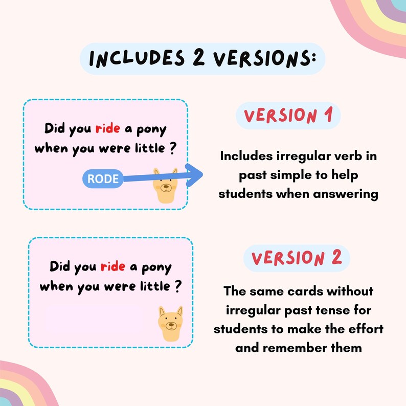 Teach irregular verbs in a fun, engaging way with these 60 Past Simple ESL speaking cards! Designed for A2–B1 levels, these printable grammar prompts are great for classroom activities, pair work, or speaking warm-ups. Ideal for ESL teachers, EFL tutors, English language academies, and TEFL classrooms. Low-prep and effective for learning Past Simple through communication.
