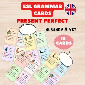 Könnte beinhalten: ESL-Grammatikkarten für die Present Perfect-Zeitform, mit "Already & Yet". Das Bild zeigt 16 farbige Karten mit Illustrationen und Text, Sprechblasen und eine britische Flagge.