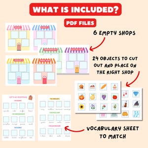 Perfect for ESL teachers! This printable shopping vocabulary game includes cut-and-paste shops, 24 object cards, and word-matching worksheets. Great for class centers or at-home learning. Designed in pastel colors, low prep, and ideal for preschool and young learners. A4 and US sizes included!