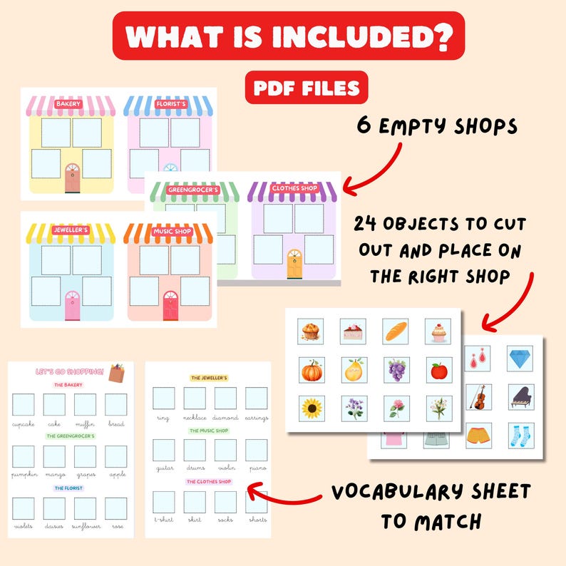 Perfect for ESL teachers! This printable shopping vocabulary game includes cut-and-paste shops, 24 object cards, and word-matching worksheets. Great for class centers or at-home learning. Designed in pastel colors, low prep, and ideal for preschool and young learners. A4 and US sizes included!