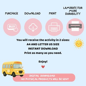 May include: Digital download graphic with instructions: Purchase, Download, Print, and Laminate. Includes a yellow school bus illustration, a sun, and a heart. Text states "A4 and Letter US size" and "Instant Download".