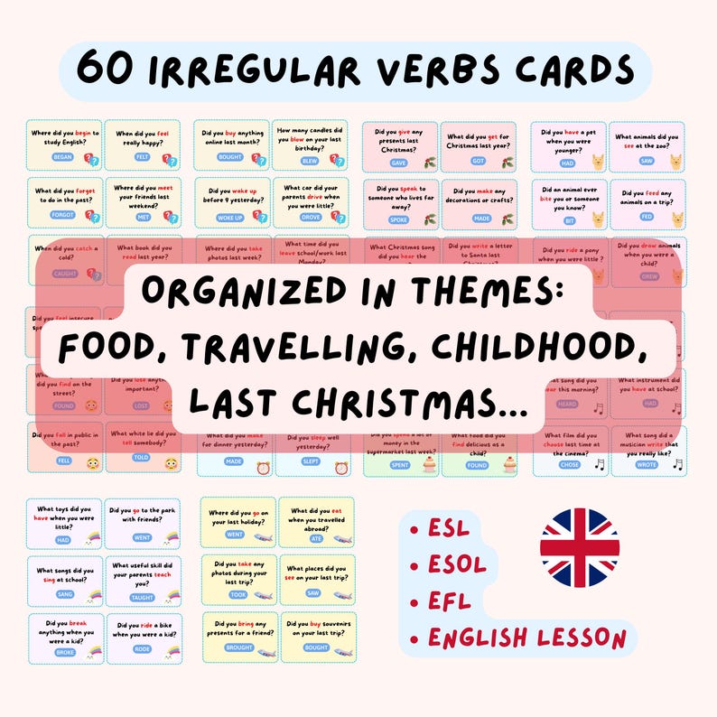 tarjetas de conversación en pasado simple en inglés con verbos irregulares para academias de inglés nivel a2 b1