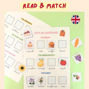 May include: Educational game with the text "READ & MATCH" featuring illustrated cards of food, flowers, and jewelry. Includes a British flag and the phrase "LET'S GO SHOPPING!"