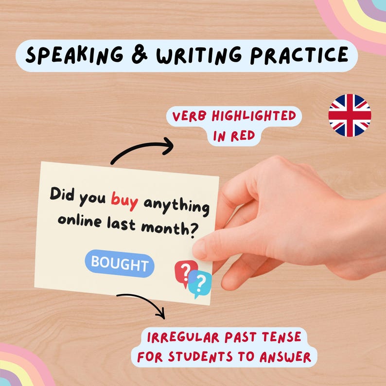 Printable ESL speaking cards with Past Simple questions using irregular verbs! This grammar activity for A2–B1 learners includes 60 engaging cards across 10 themes. Perfect for ESL teachers, English classrooms, and conversation clubs. Use them for speaking, writing prompts, or review. Ideal for teens and adults. Fun and easy low-prep ESL resource to learn grammar in context!