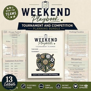 May include: A digital tournament and competition planning bundle titled Weekend Playbook. The set includes editable pages for itineraries, packing checklists, tournament planners, and memory logs, featuring sports icons and a neutral colour palette.