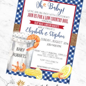 Może przedstawiać: Zaproszenie na baby shower z wzorem w kratę w kolorze niebieskim i białym z czerwonymi i białymi akcentami. Zaproszenie zawiera tekst "Oh Baby! We're boiling over with excitement! Join us for a Low Country Boil Honoring Baby Mack Jameson Roberts & New Parents Elizabeth & Stephen Sunday, August 25th 1:30-4:00 PM Mount Holly Municipal Complex 400 E. Central Ave. Mount Holly, North Carolina RSVP to Elizabeth Registered at Amazon".