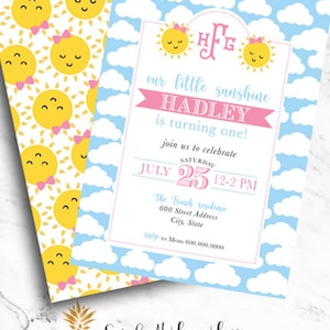 Sweet Sunshine mit Schleife Monogramm Mädchen Preppy Erster Geburtstag Wetter Thema Party Einladung Druckbare Datei