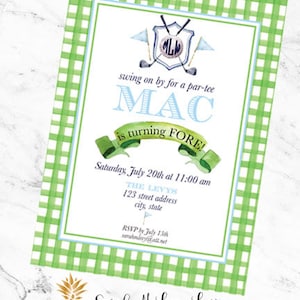 Watercolor Golf Monogram Crest Boy Gingham Birthday Invitation