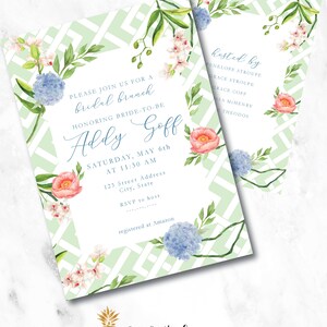 Chinoiserie | Grand Millenial | Boho Orchids, Hydrangeas and Mint Green Bamboo Bridal Shower Invitation
