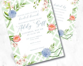Chinoiserie | Grand Millenial | Boho Orchids, Hydrangeas and Mint Green Bamboo Bridal Shower Invitation