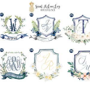 Semi - Custom Digital Wedding Logo | Party Logo | Wedding Monogram | Classic Wedding | Whimsical Wedding | Watercolor Floral Monogram Crest
