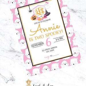 Preppy Halloween Theme Invitation with Watercolor Monogram and Pumpkins or Two Spooky Birthday