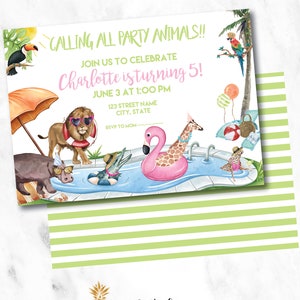 Watercolor Party Animal Pool Party Printable Digital Invitation