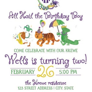 Mardi Gras kids birthday invitation with watercolor King Parade Animals