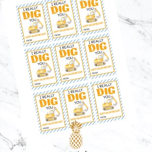 Printable Digital Valentine Tags Preppy Blue and Yellow Excavator Bulldozer Watercolor