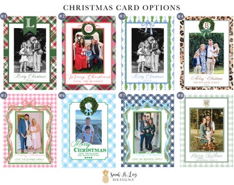 Family Photo Christmas Card with Preppy Watercolor Monograms or Crests, Animal Print, Ginghams, Chinoiserie prints or stripes - Digital File