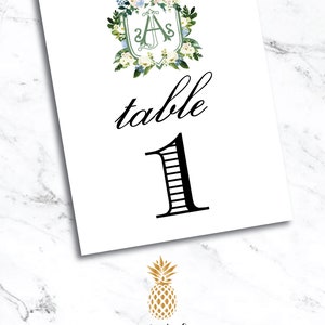 Custom Classic Wedding Table Numbers with Custom Crest