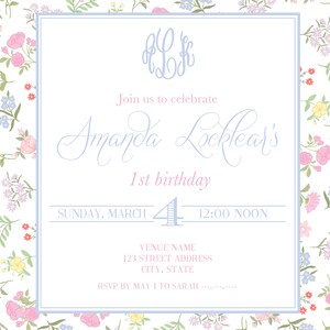 May include: A floral-themed first birthday invitation for Amanda Locklear. The invitation features a light blue background with a white border and a floral pattern. The text on the invitation reads "Join us to celebrate Amanda Locklear's 1st birthday, Sunday, March 4, 12:00 Noon, Venue Name, 123 Street Address, City, State, RSVP by May 1 to Sarah."
