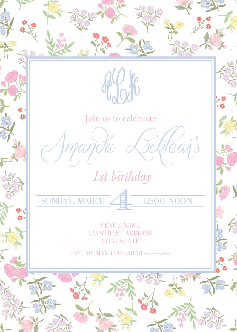 May include: A floral-themed first birthday invitation for Amanda Locklear. The invitation features a light blue background with a white border and a floral pattern. The text on the invitation reads "Join us to celebrate Amanda Locklear's 1st birthday, Sunday, March 4, 12:00 Noon, Venue Name, 123 Street Address, City, State, RSVP by May 1 to Sarah."