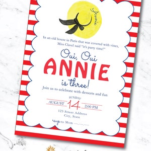 May include: Red and white striped invitation with a yellow sun and black bow. The text reads "Qui, Qui Annie is three!" with a date of August 14th at 2:00 PM. The invitation also includes an address and RSVP information.