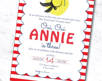 Red Stripe Madeline in Paris Theme Invitación de cumpleaños para tercer cumpleaños con sombrero de paja personalizado