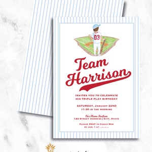Preppy and classic watercolor Triple Play Baseball third birthday invitation