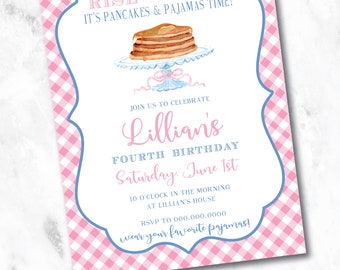 Sweet Pink Gingham Watercolor Pancakes and Pajamas PJ Breakfast Birthday or Baby Boy Sprinkle Brunch Party Theme Invitation