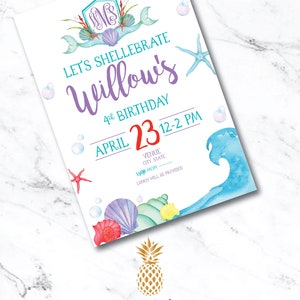 Preppy Monogrammed Mermaid Inspired Party Birthday Invitation