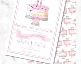 Tenga su pastel y cómalo DOS - invitación de cumpleaños de chicas clásicas de acuarela