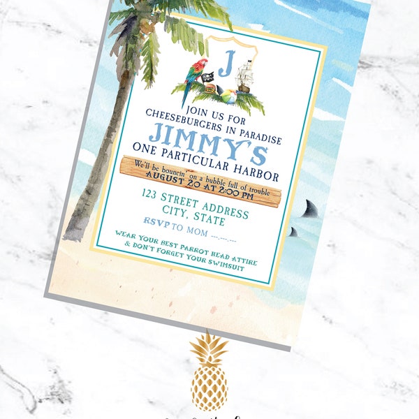 Jimmy Buffett Margaritaville Beach Theme First Birthday, Engagement Party Invitation in One Particular Harbor, Cheeseburger in Paradise