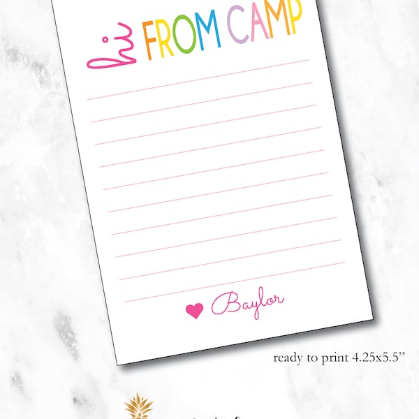 Printable Kids hi from camp, overnight camp stationery for girls or boys