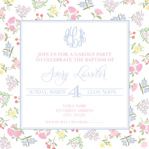 May include: A light blue invitation card with a floral border. The card announces a garden party to celebrate the baptism of Avery Lassiter on Sunday, March 4th at 12:00 noon. The invitation includes the venue name, address, and RSVP information.