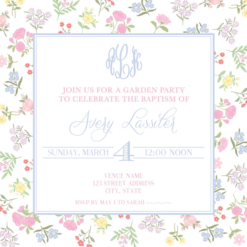 May include: A light blue invitation card with a floral border. The card announces a garden party to celebrate the baptism of Avery Lassiter on Sunday, March 4th at 12:00 noon. The invitation includes the venue name, address, and RSVP information.
