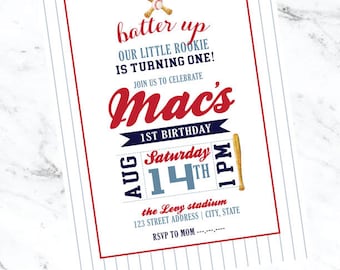 Preppy and classic monogram Batter Up Baseball Rookie of the Year First birthday invitation