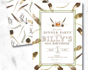 Pheasant Feather and Antler Outdoors Gentleman Invitation for Southern Bourbon Birthday, Rehearsal Dinner