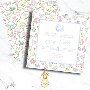 May include: A light blue and white floral patterned invitation card with a monogram and the text "Join us for a garden party to celebrate the baptism of Avery Lassiter. Sunday, March 4, 12:00 noon. Venue name, 123 Street Address, City, State. RSVP by May 1 to Sarah."