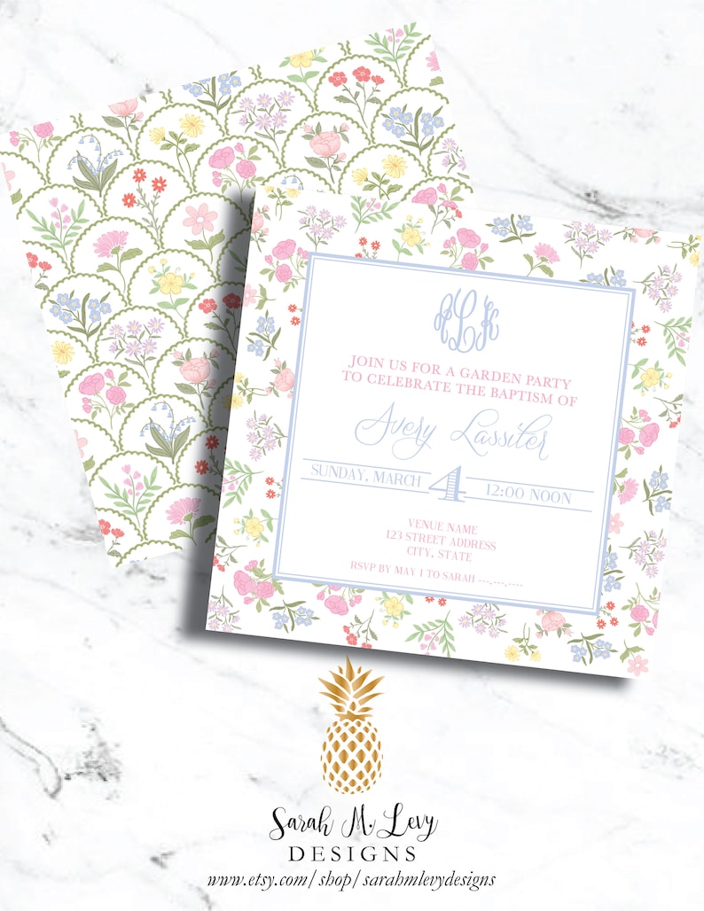 May include: A light blue and white floral patterned invitation card with a monogram and the text "Join us for a garden party to celebrate the baptism of Avery Lassiter. Sunday, March 4, 12:00 noon. Venue name, 123 Street Address, City, State. RSVP by May 1 to Sarah."